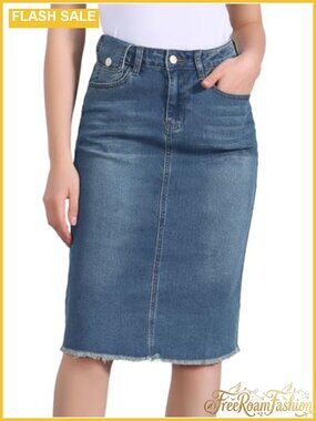 High Waist Raw Hem Midi Denim Skirt A-Line Jean Skirt